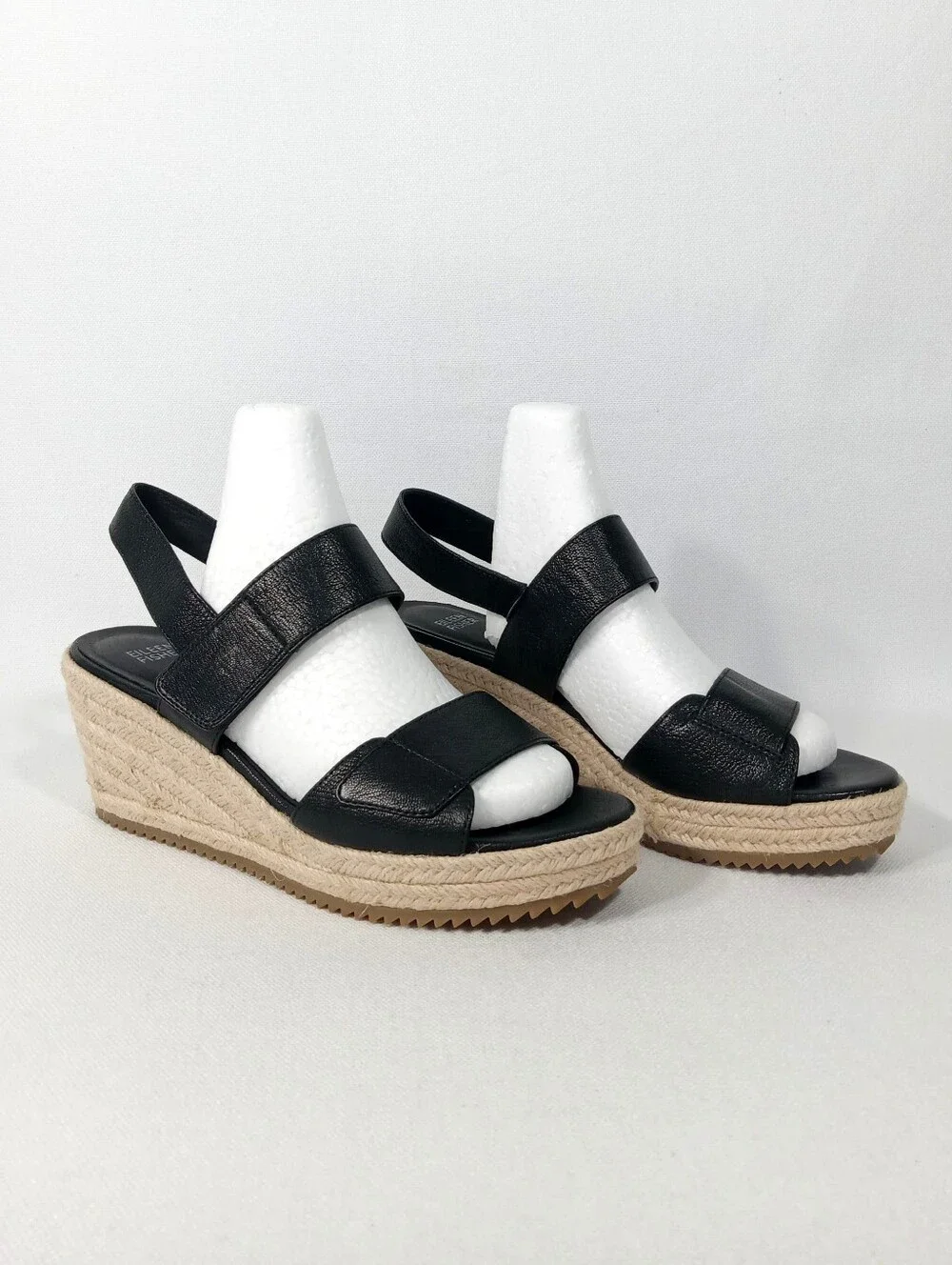 EILEEN FISHER 'Winnie' Black Leather Espadrille Wedge Sandals Women's Size 8